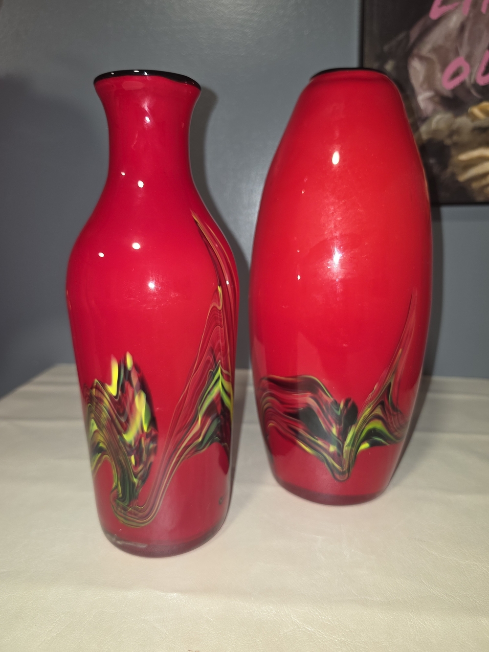 Set of 2 Vintage Vibrant Red Hand Blown Art Glass Vase with Yellow /Black Swirls